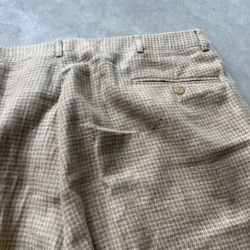 Vintage 80s Polo Ralph Lauren Mens Silk Flax Houndstooth Pants Italy Tan 40R